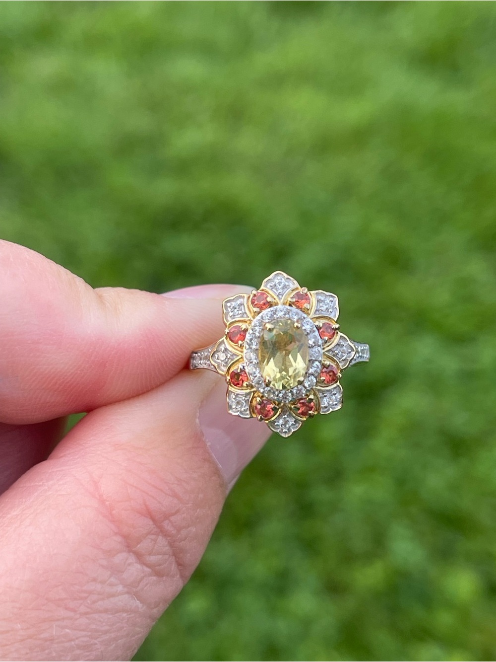 Heliodor and Red Sapphire Floral Ring